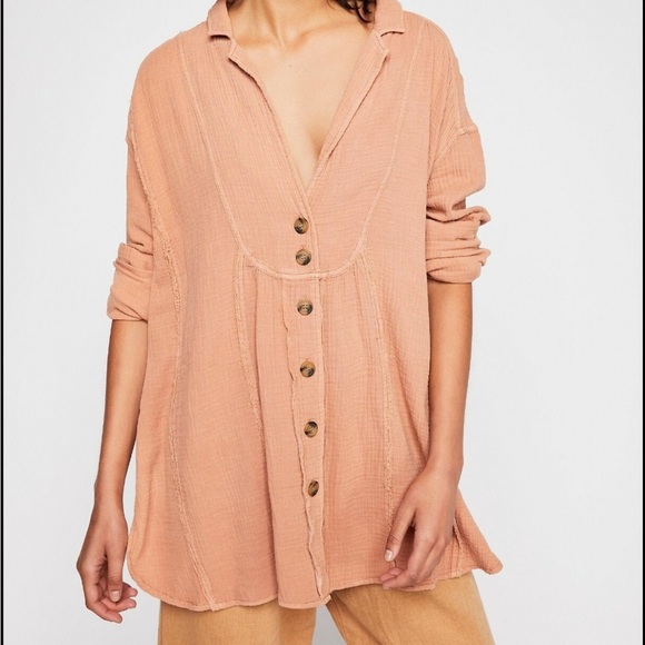 Free People Tops - Free People All About The Feels Textured Cotton Peach Coral Button Down XS